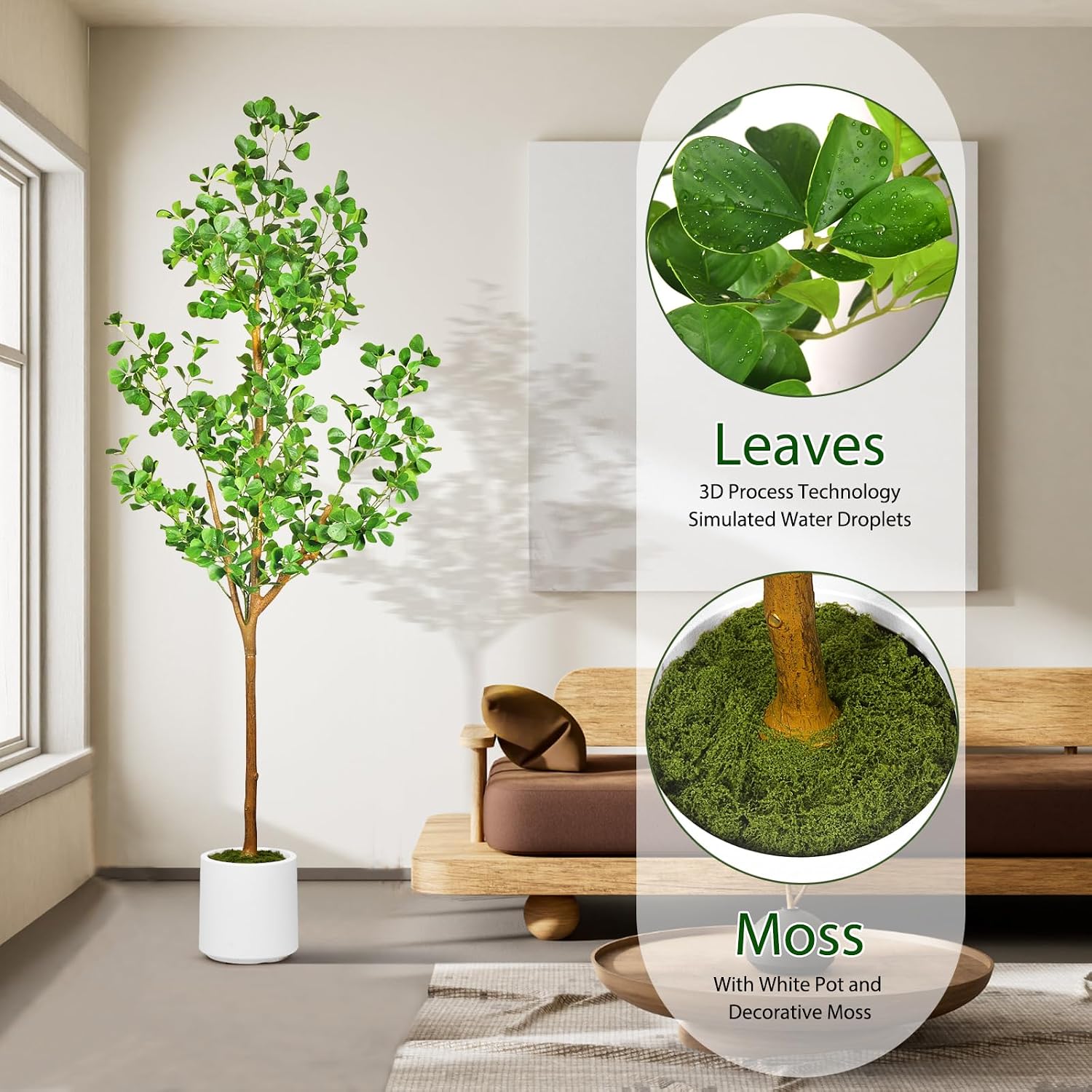 6 FT Artificial Heart Ficus Tree Indoor, Realistic Faux Plant with Dew Drops, Fake Tree with Pots for Home Office Decor